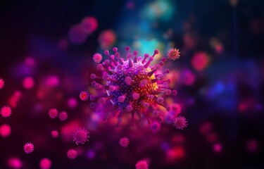 A large, bright, purple virus with spiky protrusions is in the center, surrounded by smaller, blurry, purple viruses.