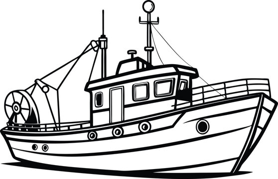 recommend clip art: Fishing boat line art silhouette vector illustration on white background.