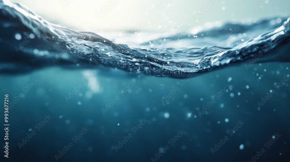 Poster an underwater view of the ocean with light reflections on the surface, capturing the tranquility and