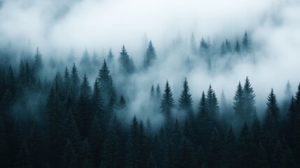This image showcases a dark forest enshrouded in thick fog, imparting a sense of mystery and intrigue, creating a captivating and eerie atmosphere for viewers.