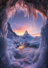 a beautiful illuminated ice cave with half frozen streams running through leading to Mountain, large iceicles hanging surrounding the cave