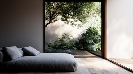 The photograph showcases a minimalist bedroom design featuring floor-to-ceiling windows that offer an open view to lush greenery outside, creating a blend of indoor comfort and outdoor nature.
