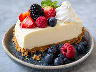 A slice of cheesecake topped with fresh berries and whipped cream.