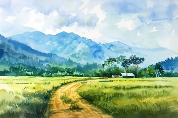 Digital oil paintings rural landscape, the road in old village, landscape with a house and trees, artwork