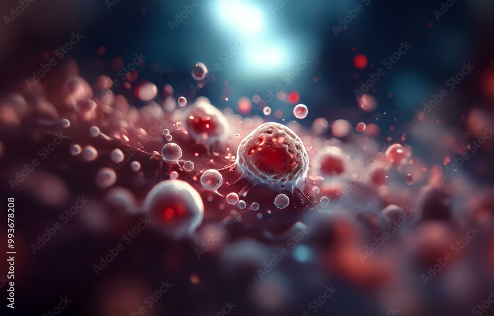 Poster abstract image of a single cell with a bright red nucleus in focus, surrounded by other smaller blur