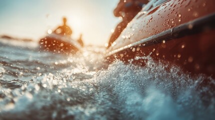 A person is riding a jet ski at high speed on the ocean, creating a splash of water as the sunlight illuminates the scene in a warm, golden hue.