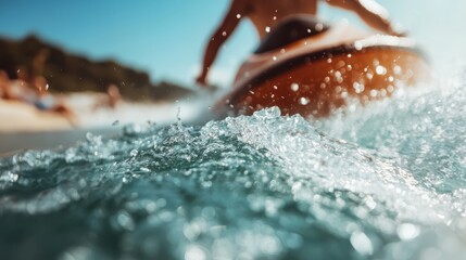 In this image, a person is seen from a close-up perspective riding a jet ski on clear, sunny waters, creating a vivid, dynamic, and energetic summer scene.