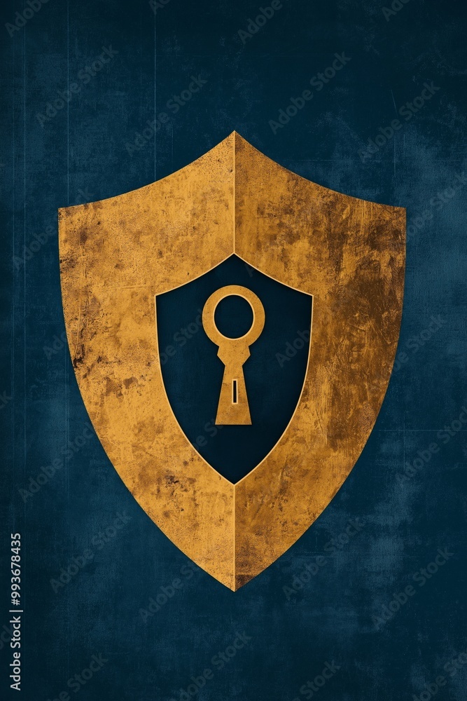 Poster minimalistic shield with a keyhole in the center, symbolizing cybersecurity defense.