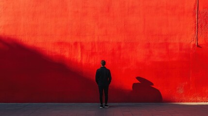 A solitary figure stands before a vibrant red wall, evoking feelings of contemplation.