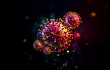 A single, glowing red virus with yellow spikes is in focus against a dark background with many out-of-focus, colorful lights.