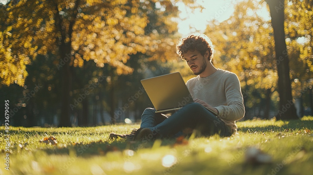 Wall mural A young man works on a laptop, sitting in a sunlit park surrounded by trees and autumn leaves.