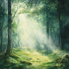 A serene and mystical forest scene, with rays of golden sunlight filtering through the lush green canopy