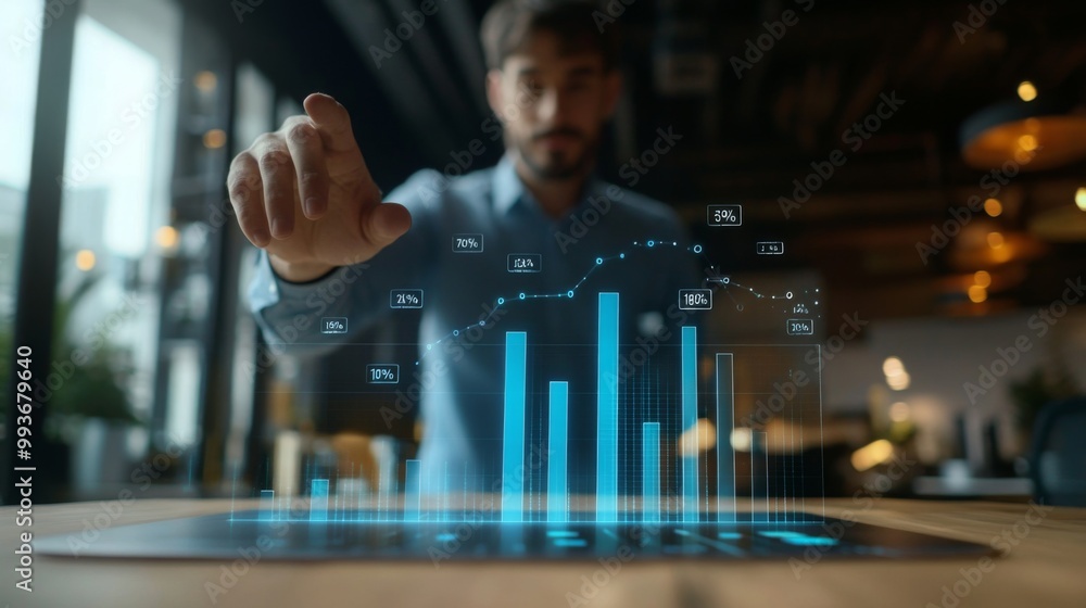 Aufkleber a businessman presenting a 3d bar chart in a modern office, with data bars floating above the table,