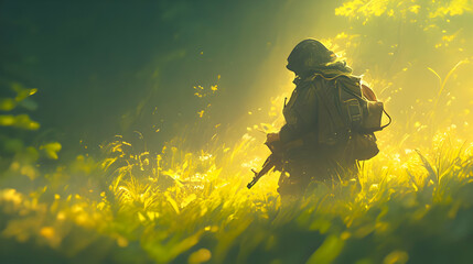 Soldier Walks Through Golden Field, Copy Space for Your Brand