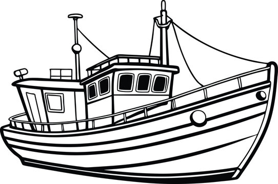 recommend clip art: Fishing boat line art silhouette vector illustration on white background.