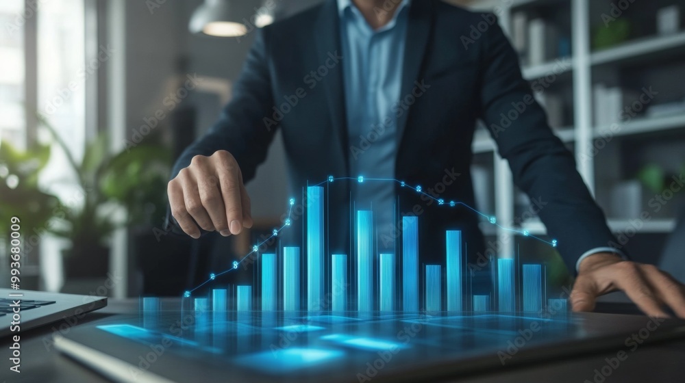 Poster A businessman presenting a 3D bar chart in a modern office, with data bars floating above the table, emphasizing growth and success in business performance