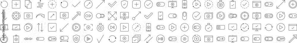 Poster interface outline simple icons bundle. contains icons of arrows, plus, check, play that can be used 