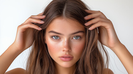 Fototapeta premium Portrait of a beautiful young woman with brown hair and blue eyes
