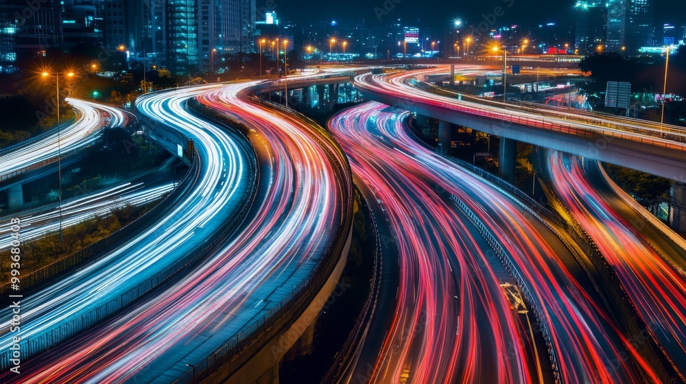 Poster a busy motorway interchange at night, with bright headlights of cars creating light trails and showc