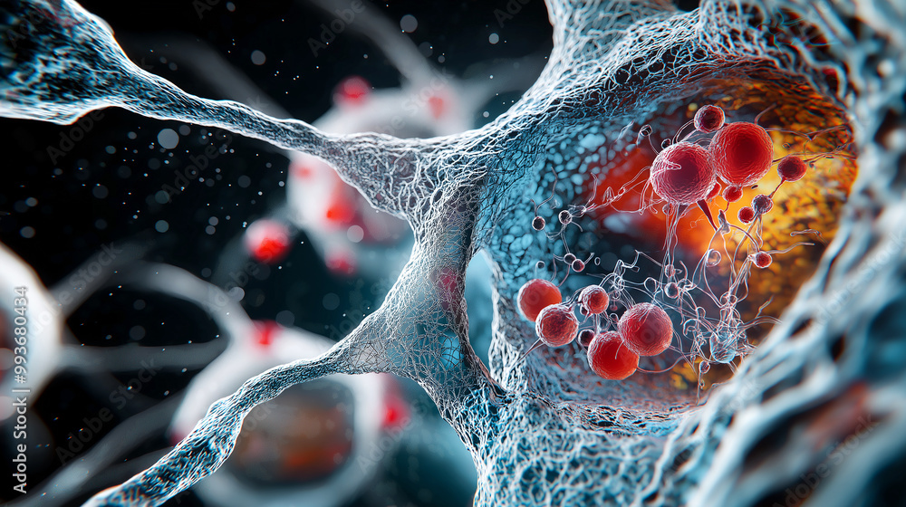 Poster microscopic view of yeast cells showcasing intricate cellular structures and vibrant red elements. t