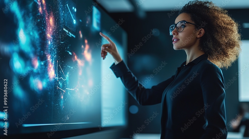 Poster a professional woman interacts with a digital display, exploring data visualizations with a modern, 