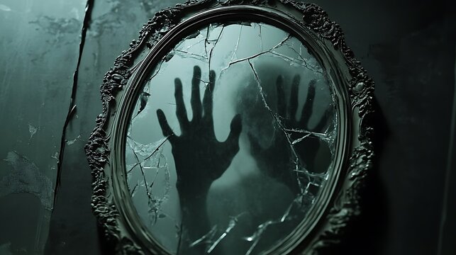 A ghostly figure trapped behind a shattered mirror, its hands reaching out in a desperate plea for help.