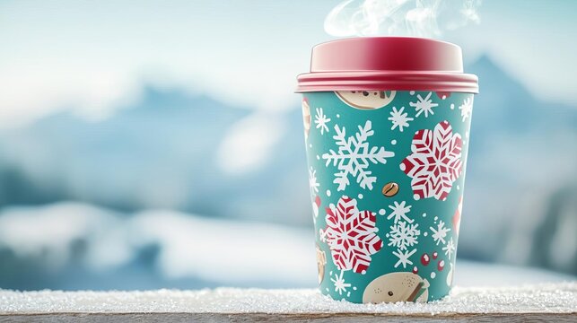 Festive coffee cup with snowflake design on a wintry background.