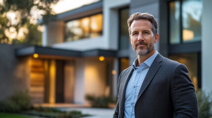 Naklejka premium Confident American man real estate agent standing outside a modern home, radiating expertise and approachability, ready to assist potential house buyers.