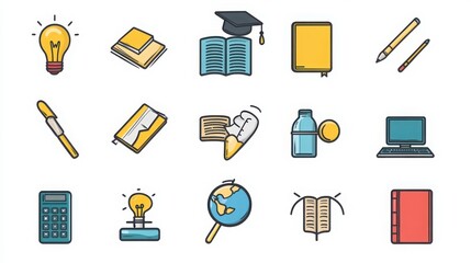 Education thin line icon set. Containing a graduation cap, open book, apple, pencil, ruler, chalkboard