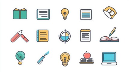 Education thin line icon set. Containing a graduation cap, open book, apple, pencil, ruler, chalkboard