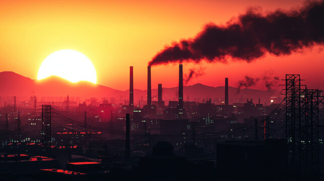 sprawling industrial city skyline at sunset, featuring smokestacks and power lines silhouetted against vibrant orange and red sky. scene evokes sense of both beauty and industrialization