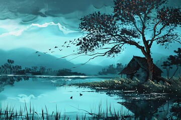 Digital illustration - Tropical landscape with road and palm tree. Sunny road in coco palm trees toned illustration. Philippines island sunny day. Summer travel in tropical forest. Road in palm jungle