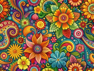 Vibrant Hippy Patterns Featuring Colorful Swirls, Floral Designs, and Retro Geometric Shapes for Decor