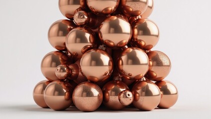 A creative 3D-rendered image showcases a Christmas tree constructed from copper ornaments against a vibrant white backdrop