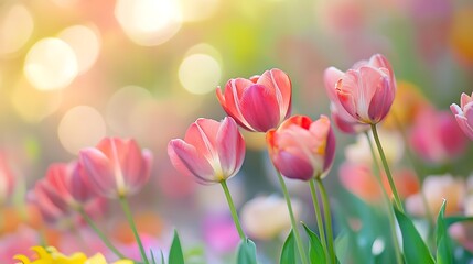 A field of pink tulips basking in the warm, golden glow of the setting sun.