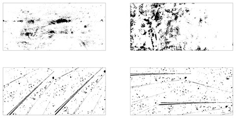 Grunge texture monochrome set elements with spotted canvases with traces soot or scratches caused by wear and tear vector illustration