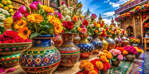 Fototapeta premium Vibrant Indian Floral Arrangements in Traditional Vases Showcasing Cultural Aesthetics and Colors