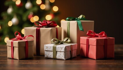 Fototapeta premium A festive Christmas-themed 3D Illustration showcases stacks of gift boxes and twinkling bokeh lights