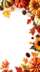 Obraz premium A white background with a fall-themed border made of pumpkins, leaves, and sunflowers on the right side