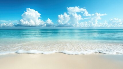 Fototapeta premium A serene beach scene with gentle waves and fluffy clouds under a bright blue sky.