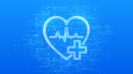 Healthcare. Health insurance. Heart with cross and heartbeat icon. Health Care and Medical services banner. Blue medical background made with cross shape symbol. Vector illustration.