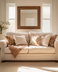 Fototapeta premium Cozy living room with a beige sofa adorned with brown throw pillows and a woven blanket illuminated by natural light