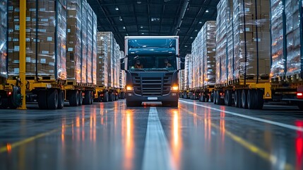 Delivery trucks being loaded with parcels at a warehouse for local and global shipping