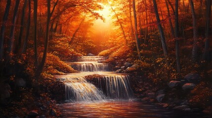Enchanted autumn forest, where leaves swirl upward on unseen currents, and waterfalls shimmer with liquid light in sunset tones
