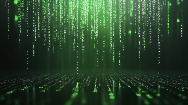 A digital representation of falling green code, reminiscent of a virtual environment.