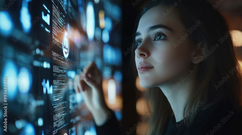 Poster a focused woman interacts with a digital interface displaying data and images, symbolizing technolog