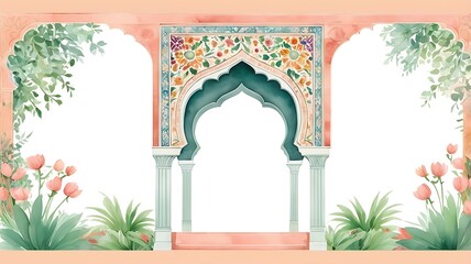Traditional Mughal arch garden illustration for wedding invitation