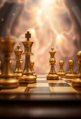 A close-up chess board with chess pieces on it and magical background