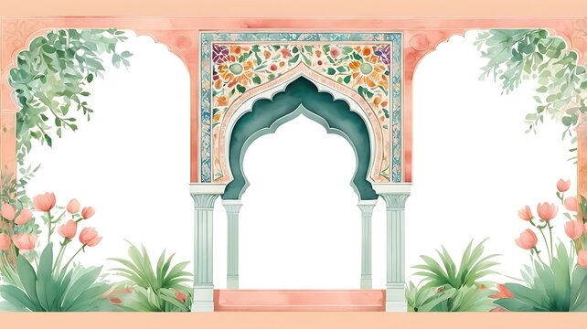 Traditional Mughal arch garden illustration for wedding invitation - Powered by Adobe