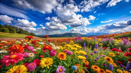 Fototapeta premium Vibrant Landscape Filled with Colorful Flowers Under a Clear Blue Sky in a Serene Natural Setting